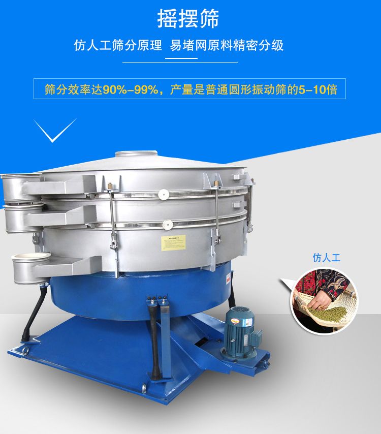 搖擺篩適合精細和超細范圍的粉末和微粒狀物料,產(chǎn)量大、精度高
